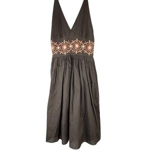Speed Control NY Brown Cotton Embroidered V-Neck Smocked Back Dress XS